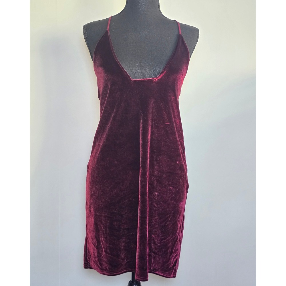 Missguided Women's Velvet Slip Dress Size US 4 Burgundy Mini Y2K Grunge Goth